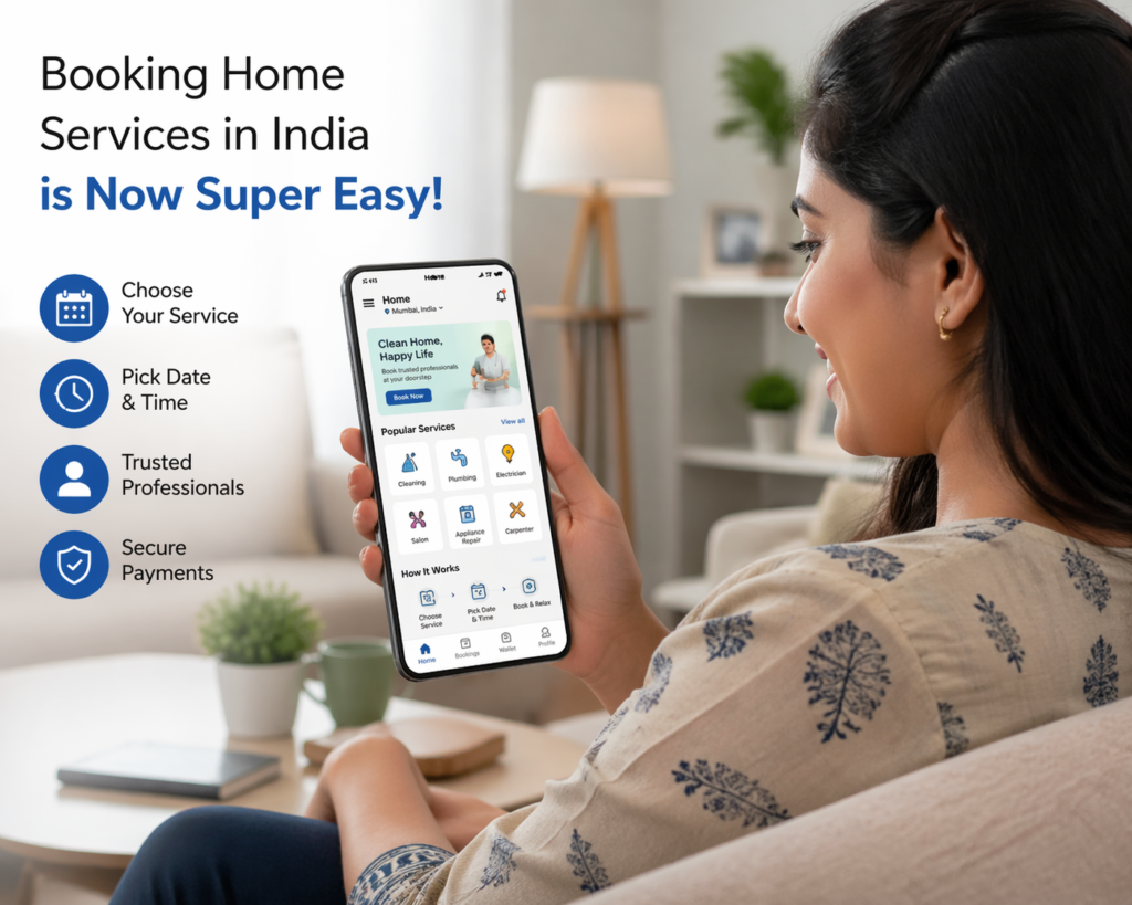 Indian user booking home service using mobile app